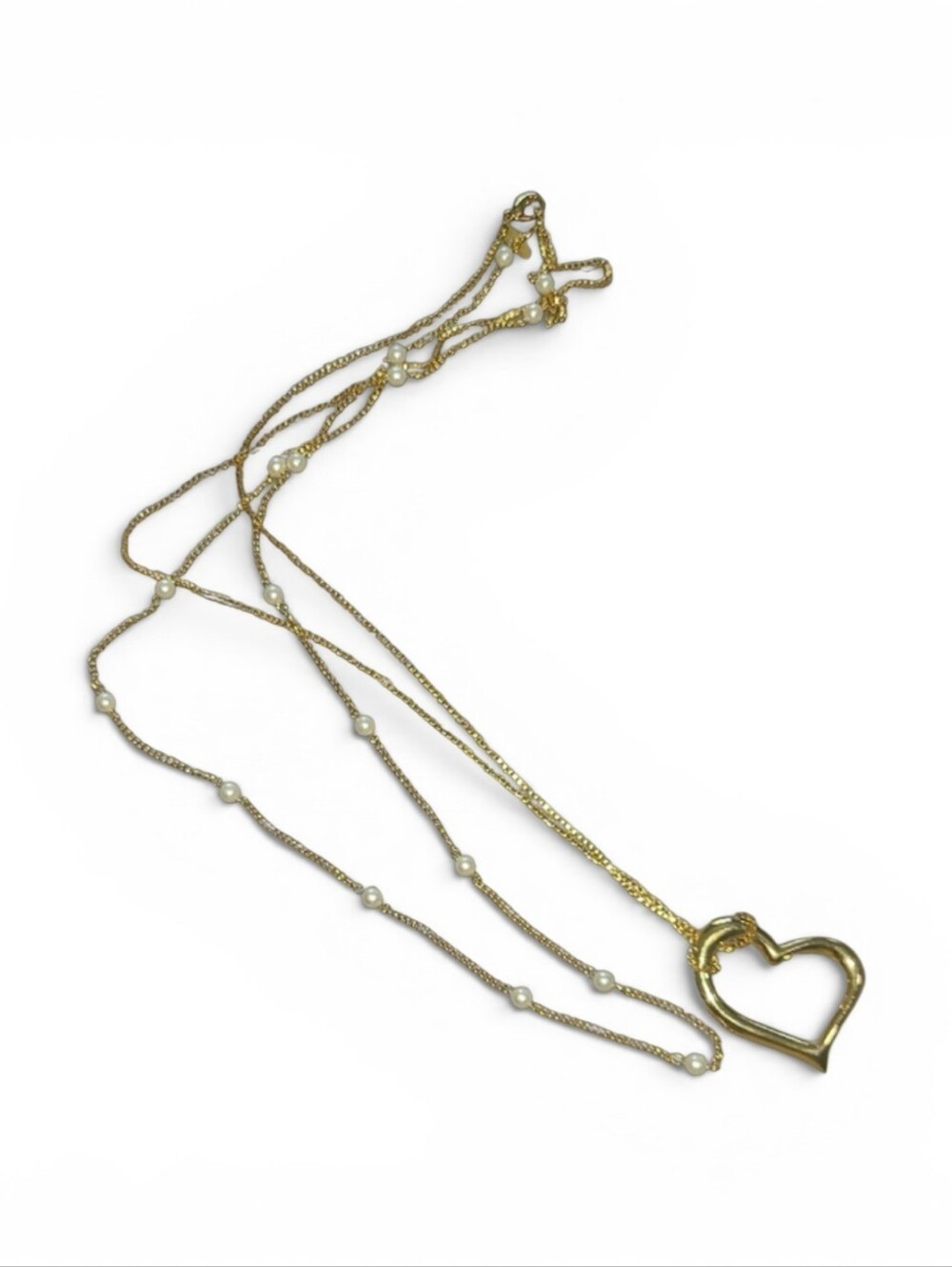 Gold-Tone Layered Heart Pendant Necklace with White Pearl Accents